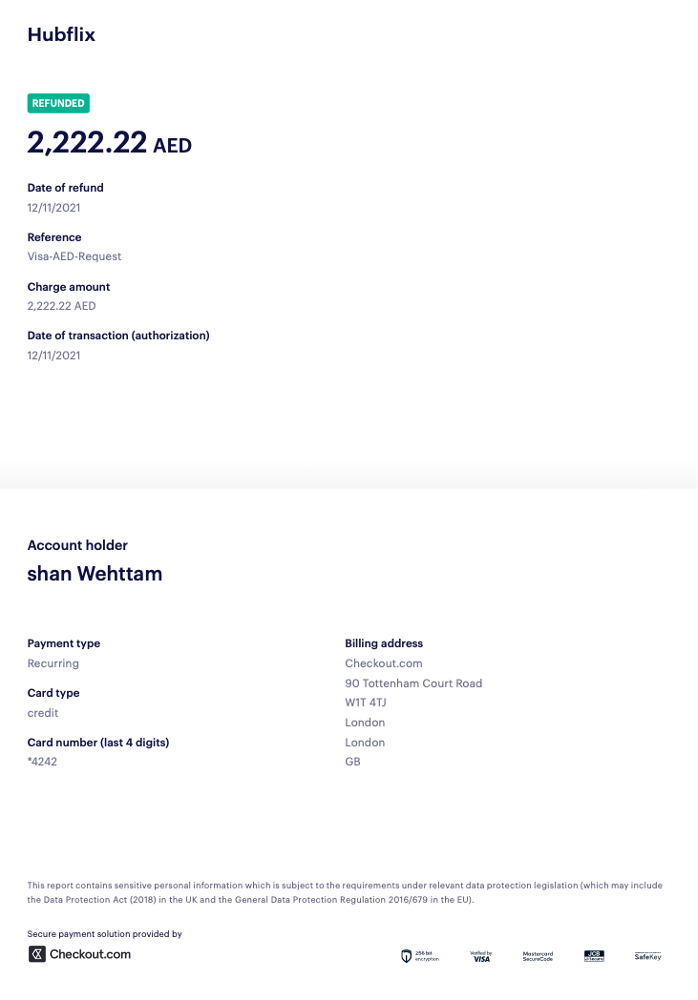 Sample proof of refund report with refund and account holder information